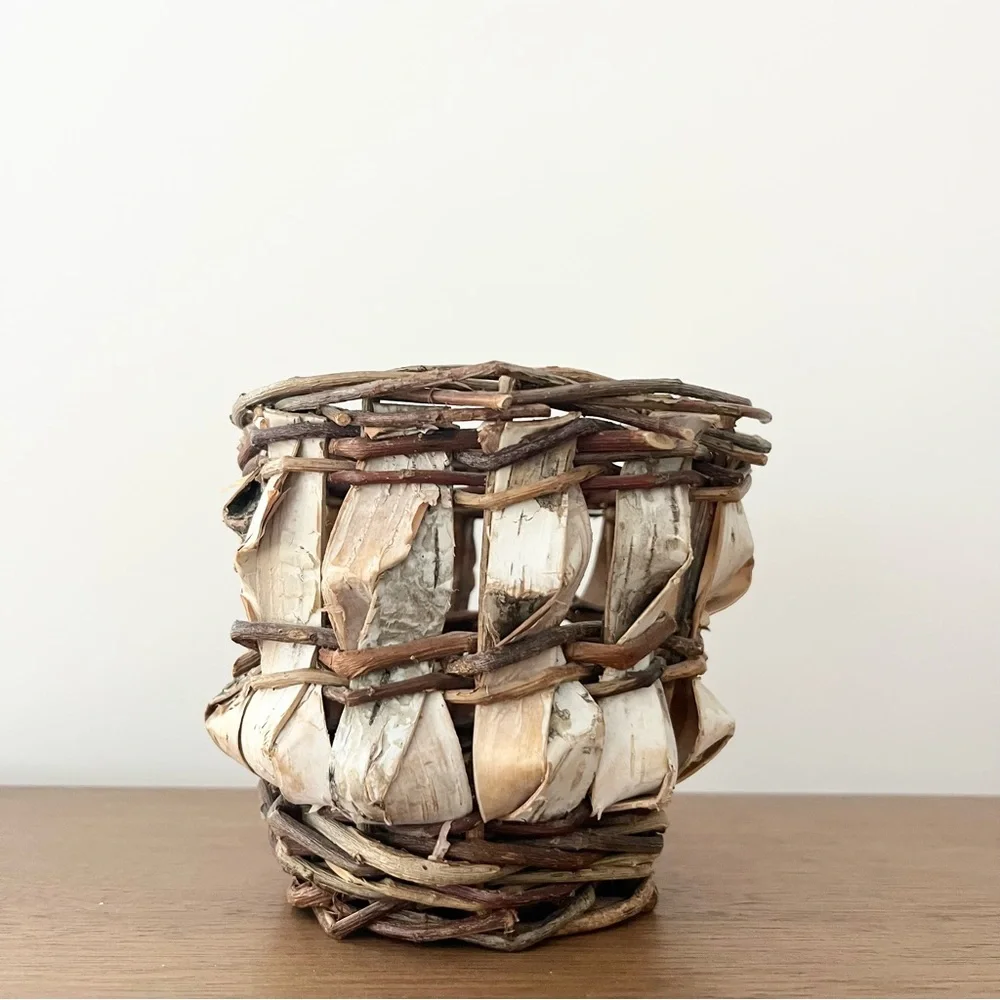 Handcrafted Birch Bark Basket Woven Natural Planter Small Brown